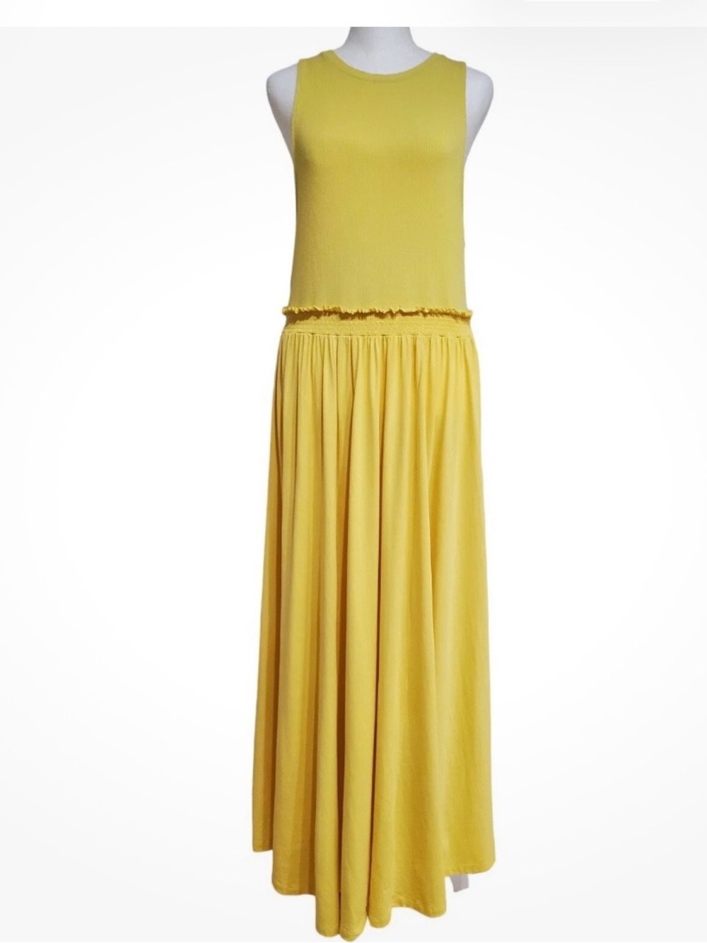 Anthropologie Yellow Maxi Dress with Ruching Waist